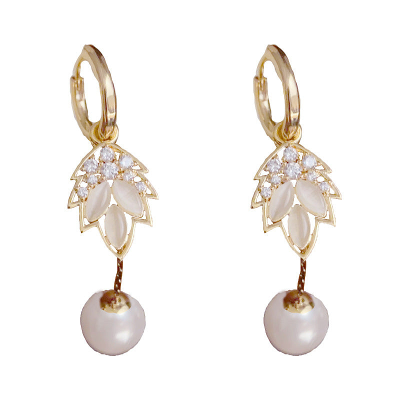 14K Gold-Plated Cat's Eye Leaf Pearl Tassel Ear Cuffs – Elegant Design