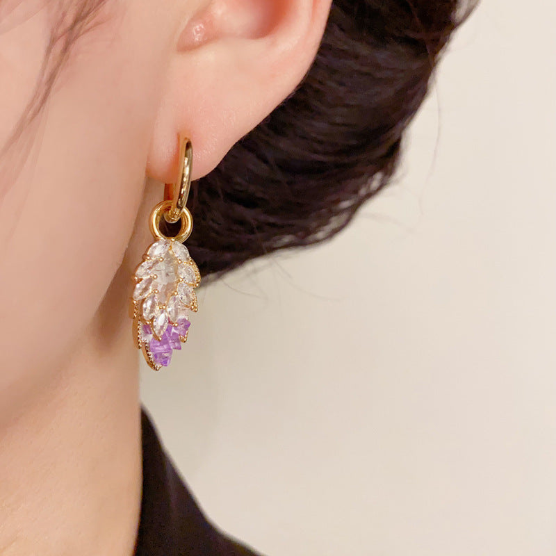 14K Gold Purple Full Zircon Leaf Tassel Earrings- Chic Elegance Design
