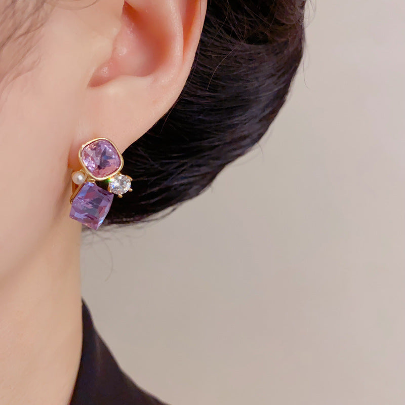 Eaioncol Geometric Crystal Drop Earrings Purple & Green