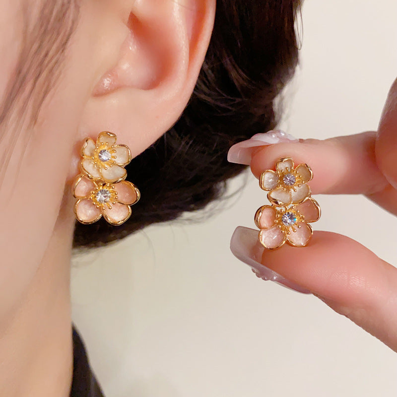 14K Gold Pink Enamel Double Petal Stud Earrings – Elegant Design