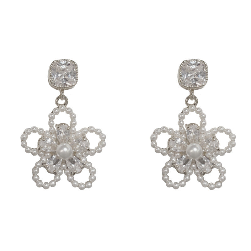14K Gold Zircon Pearl Open Flower Drop Earrings - Chic Elegance Design