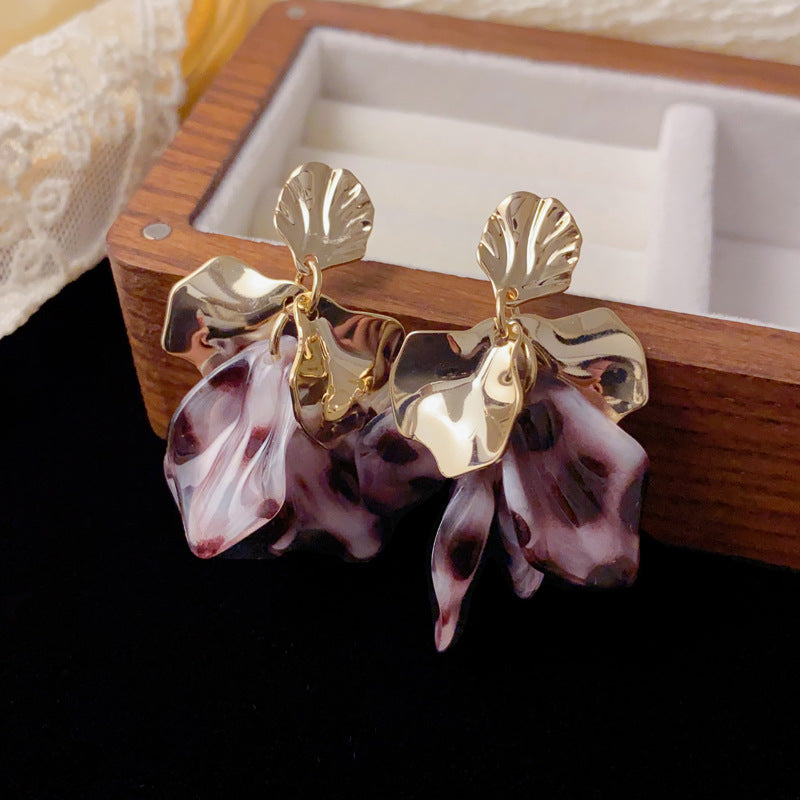 Luxury Leopard Metal Petal Tassel Drop Earrings – French Retro Design