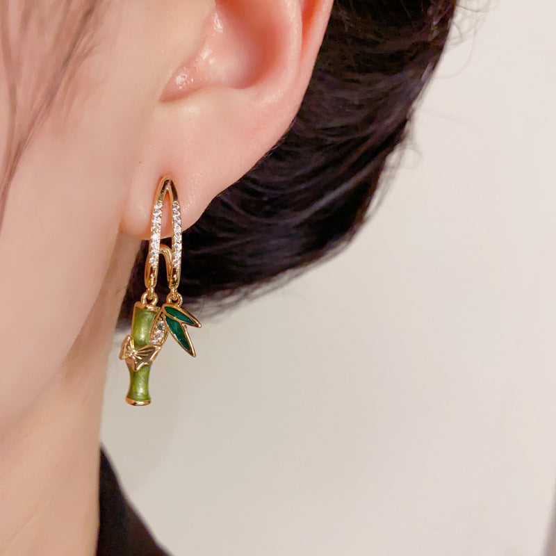 14K Gold-Plated Zircon Bamboo Drop Earrings – Elegant Oriental Design