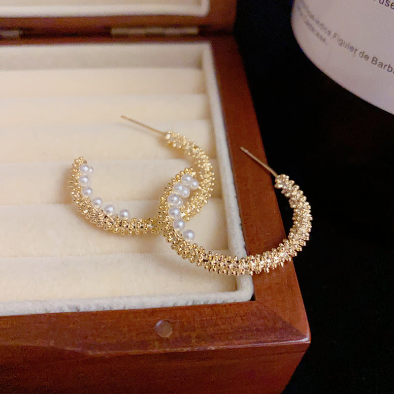 14K Gold Crushed Silver Pearl Hoop Earrings- Chic Minimalist Design