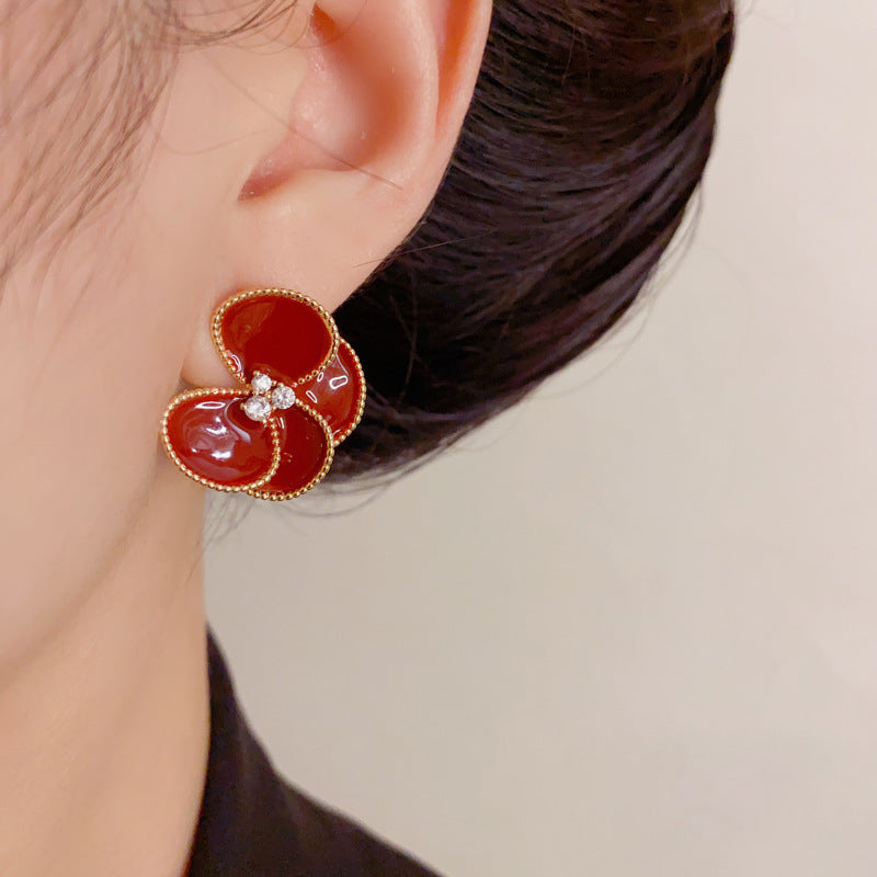 Luxury Enamel Red Petal Stud Earrings – Floral Design