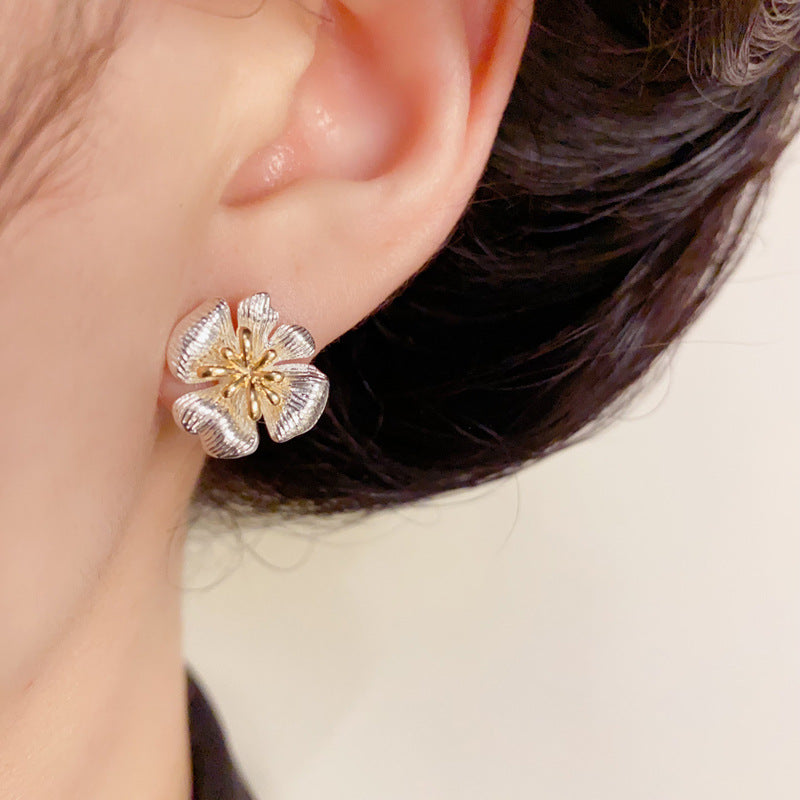 14K Gold-Plated Two-Tone Floral Stud Earrings – Chic & Minimalist