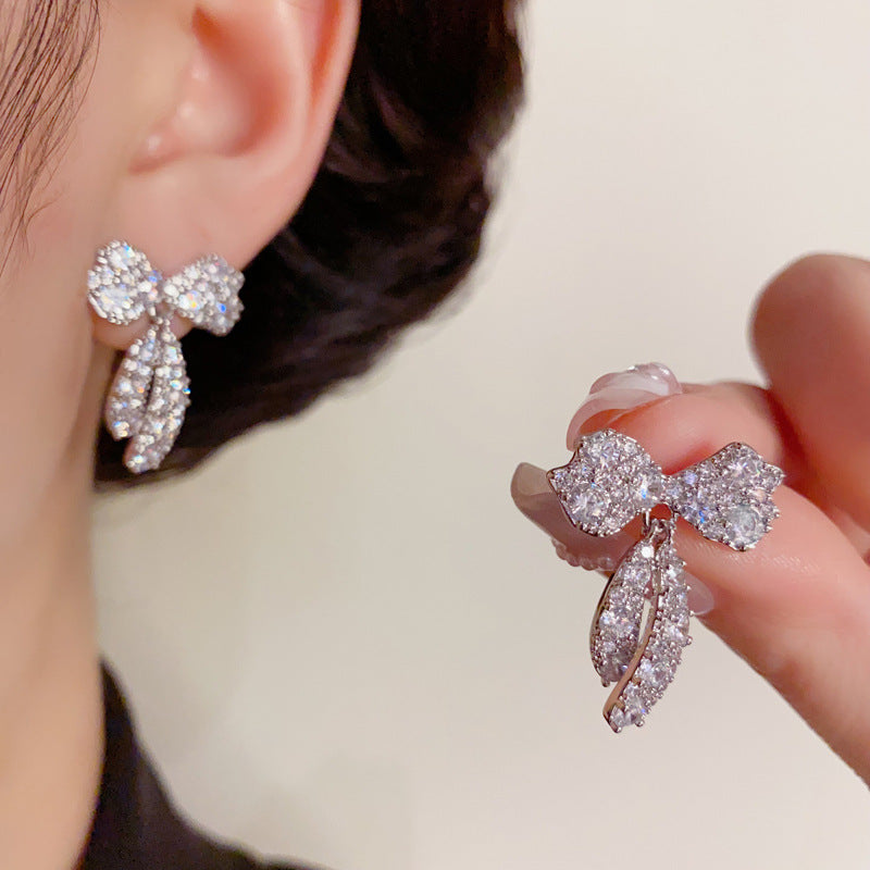 14K Gold-Plated Full Zircon Bow Drop Earrings –Delicate Sparkle Design