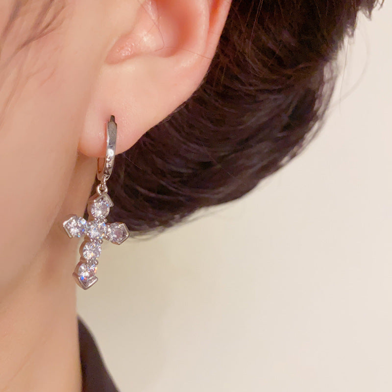 Luxury Full-Zircon Cross Tassel Ear Cuff Earrings – S925 Silver Needle