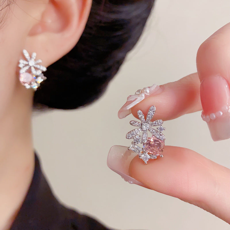 Eaioncol Floral Heart CZ Stud Earrings Gold Silver