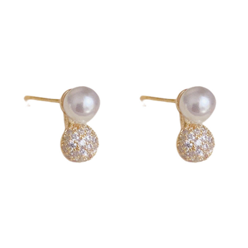 14K Gold-Plated Pearl Pave Ball Stud Earrings – Minimalist Chic Design