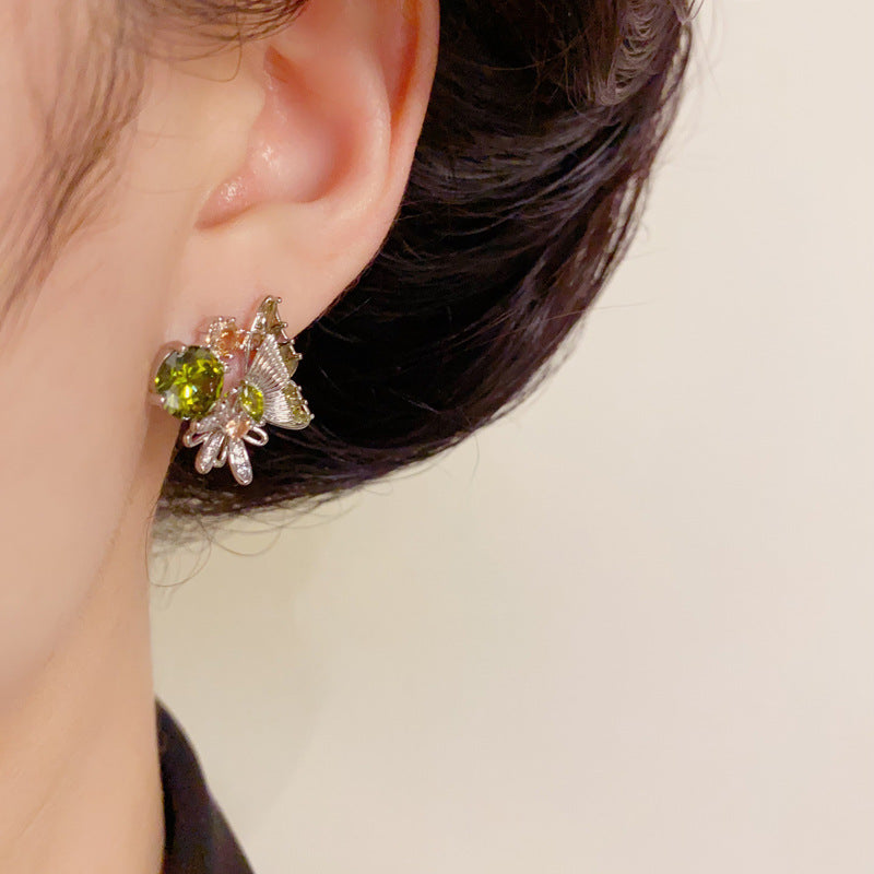 14K Gold Green Rhinestone Butterfly Stud Earrings – Minimalist Style