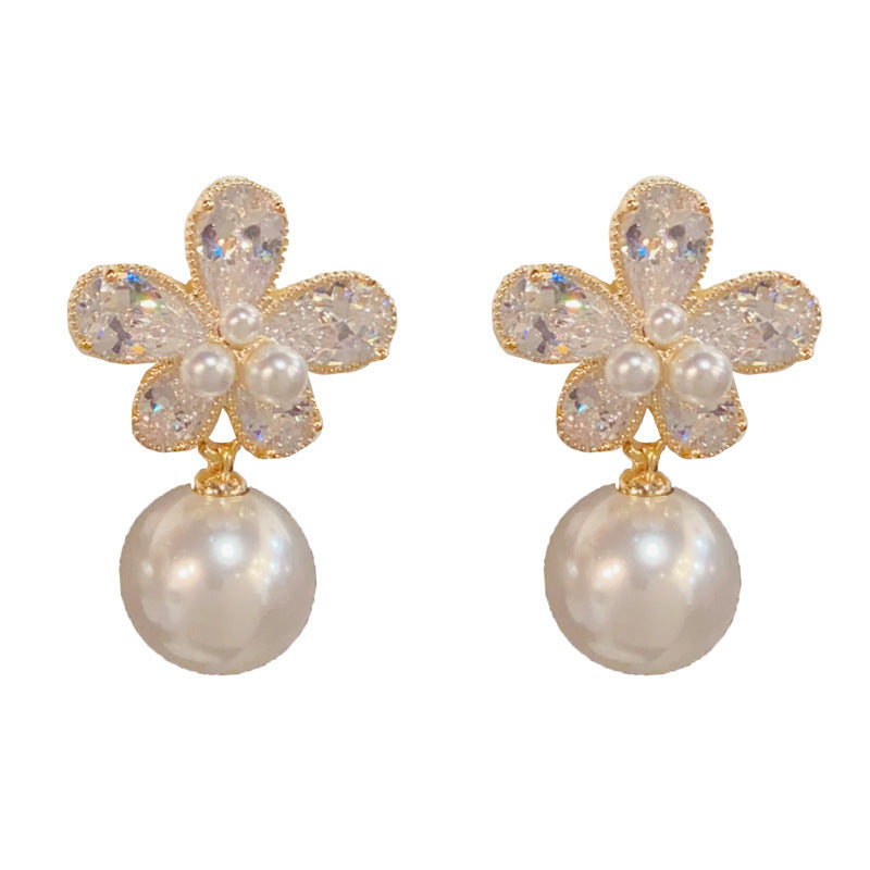 Eaioncol Floral Petal Drop Cubic Zirconia Pearl Earrings Gold