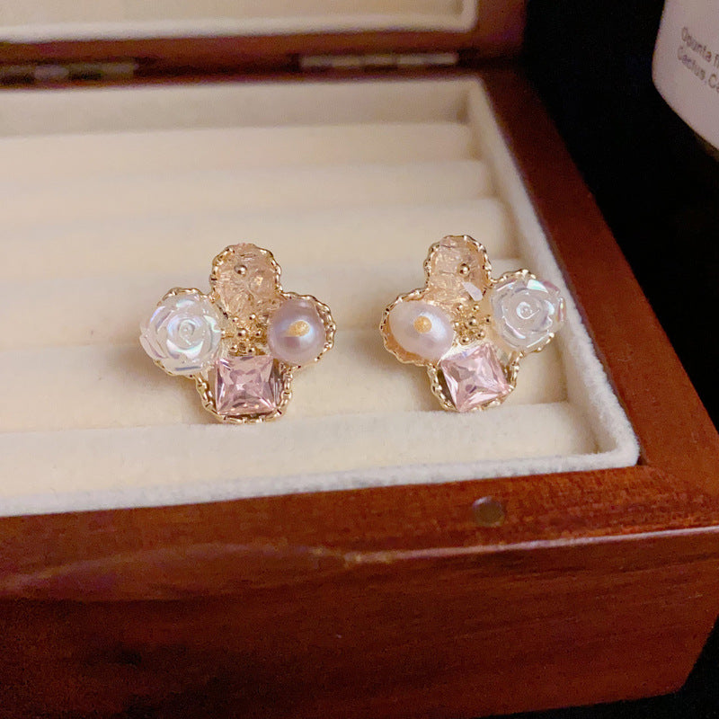 14K Gold-Plated Crystal Four-Leaf Flower Stud Earrings – Sweet & Minimalist