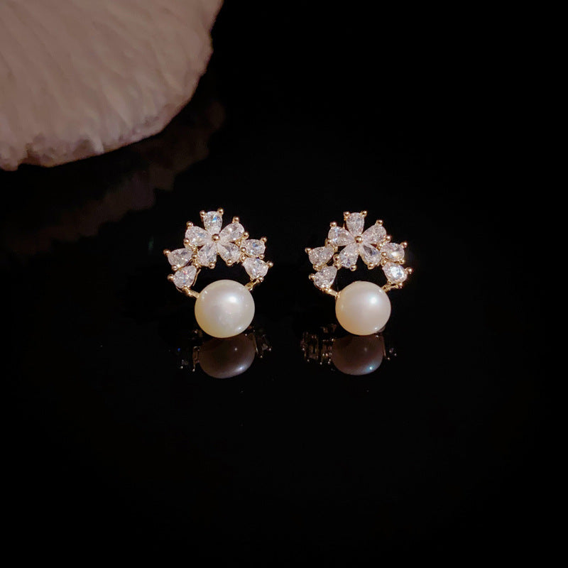Luxury Zircon Petal & Freshwater Pearl Stud Earrings – Elegant Design