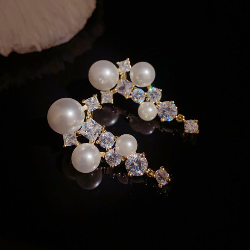 14K Gold-Plated Zircon Pearl Tassel Earrings – Bold Geometric Design