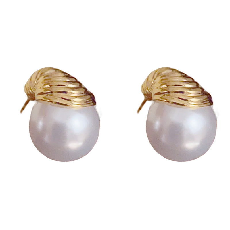 14K Gold-Plated Metal Pearl Stud Earrings – Elegant Minimalist Design