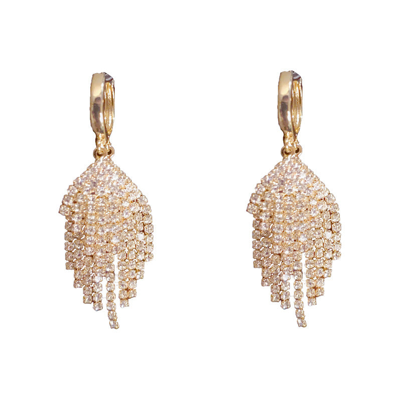 14K Gold-Plated Double Tassel Earrings - Full Diamond Design
