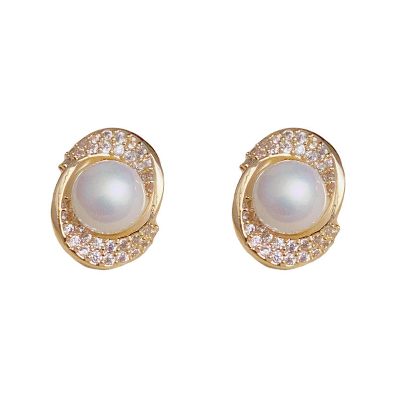 14K Gold-Plated Full Zircon Oval Pearl Stud Earrings – Elegant Sparkle