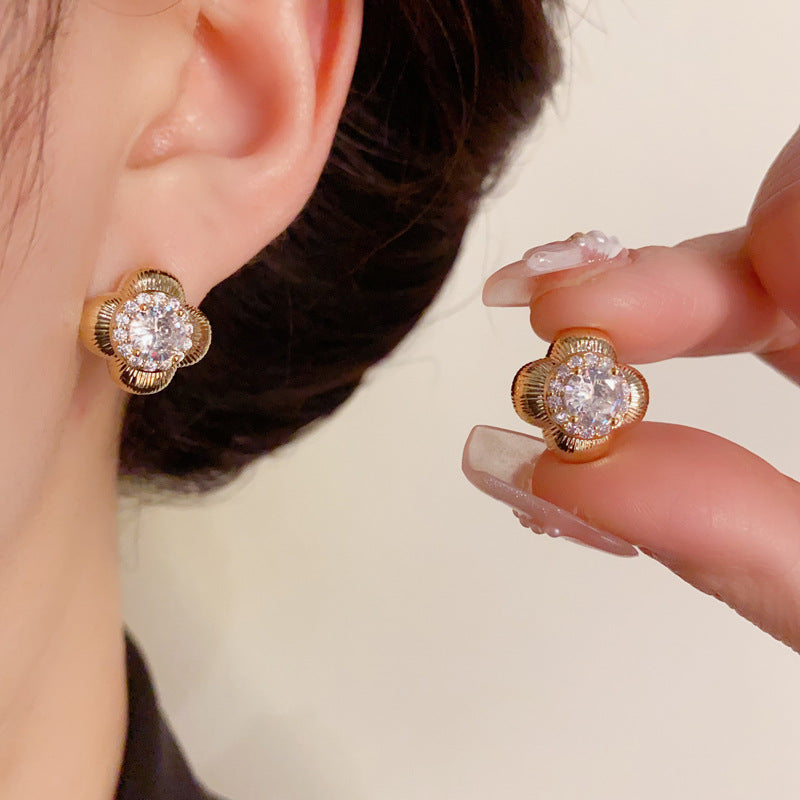 14K Gold-Plated Diamond-Encrusted 4-Leaf Stud Earrings- Elegant Design