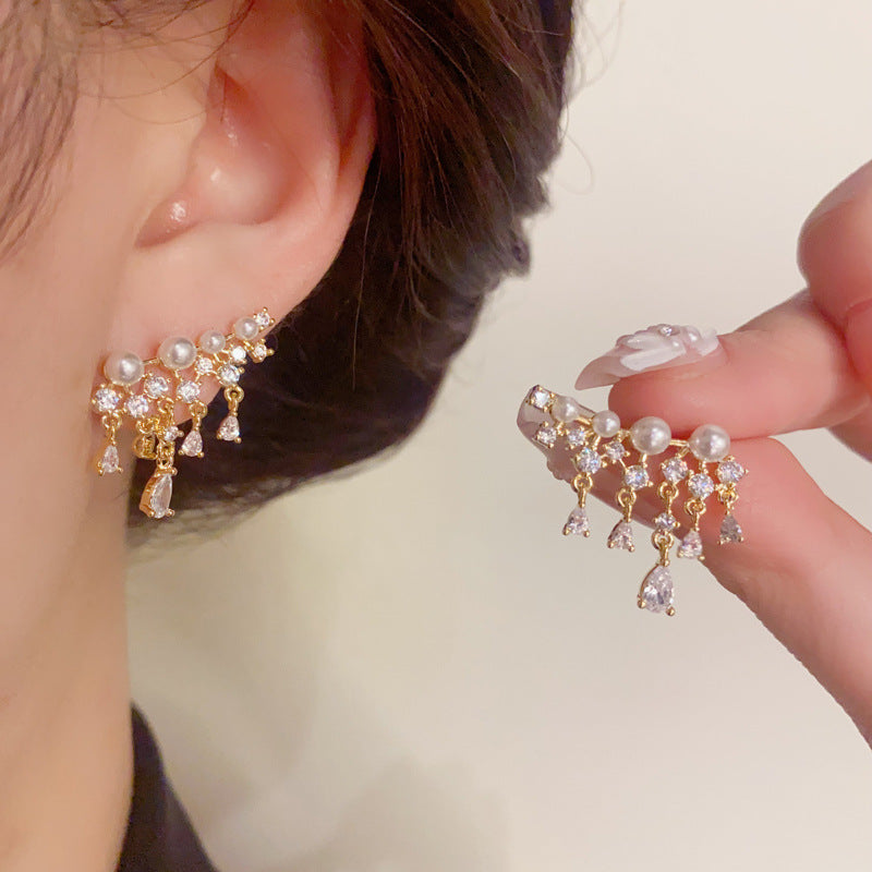 14K Gold Pearl Zircon Tassel Earrings - Chic Elegance Design