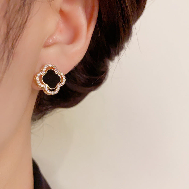 14K Gold-Plated Zircon Four-Leaf Clover Earrings Set - Elegant Design