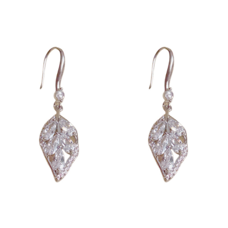 Luxury Full-Zircon Leaf Tassel Ear Hook Earrings – Elegant Design