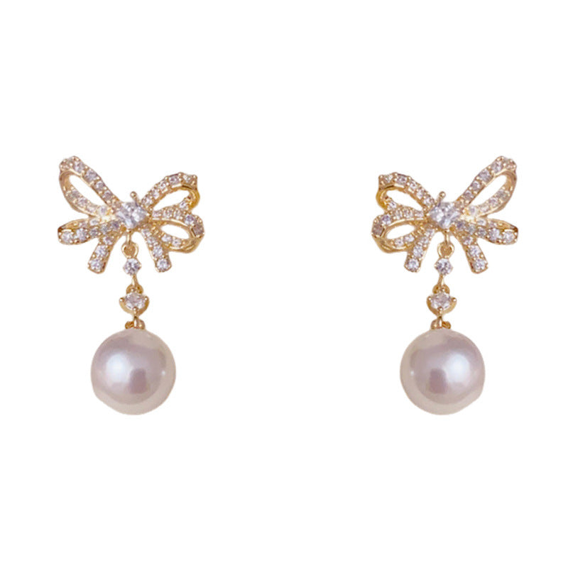 Luxury Full-Zircon Bow & Pearl Drop Earrings – S925 Silver Needle