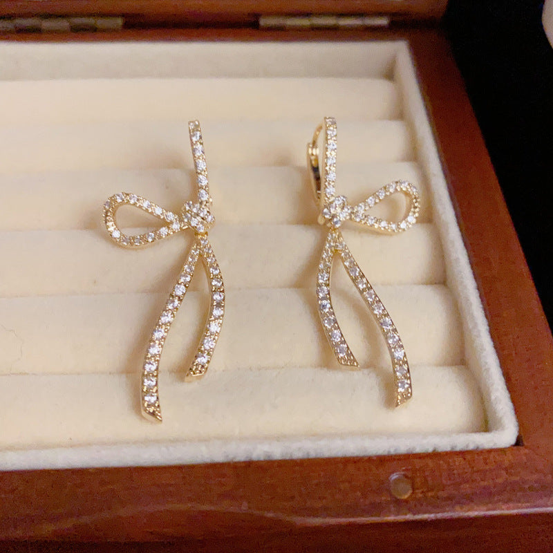 14K Gold-Plated Full-Diamond Bow Long Drop Earrings - Elegant Design