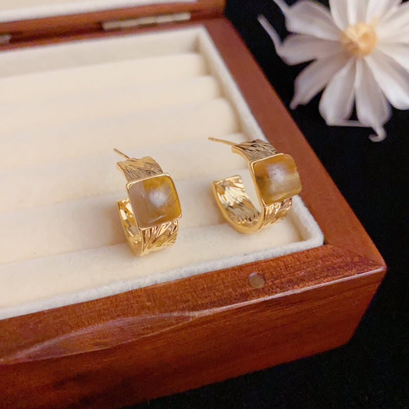 Elegant Tiger's Eye Square Hoop Gold Earrings – Geometric Design