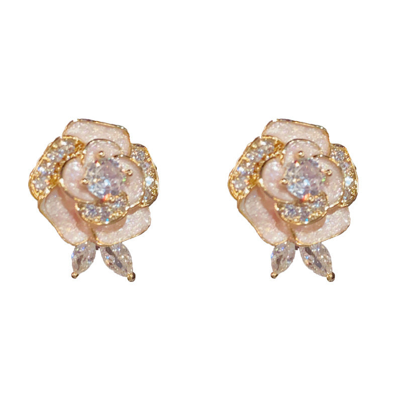 14K Gold-Plated Zircon Camellia Ear Cuffs – Elegant Floral Design