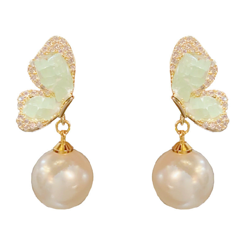 14K Gold-Plated Green Butterfly Pearl Drop Earrings – Elegant Design