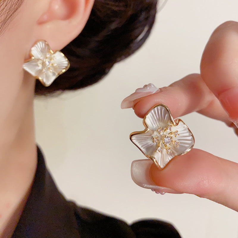 Luxury Zircon Metal Petal Stud Earrings – Floral Design