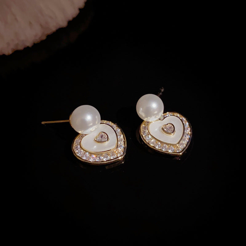 14K Gold-Plated Korean-Style Pearl Heart Drop Earrings– Elegant Design