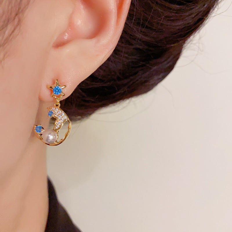 Luxury Zircon Star & Moon Pearl Drop Earrings – Elegant Design