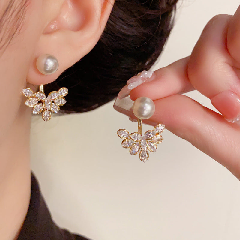 Luxury Zircon Leaf & Pearl Two-Way Earrings – Elegant Floral Design