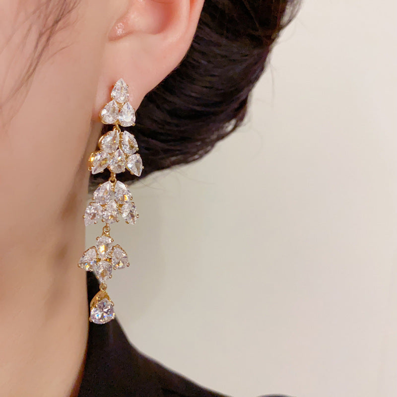 14K Gold Full Zircon Leaf Long Tassel Earrings - Chic Elegance Design