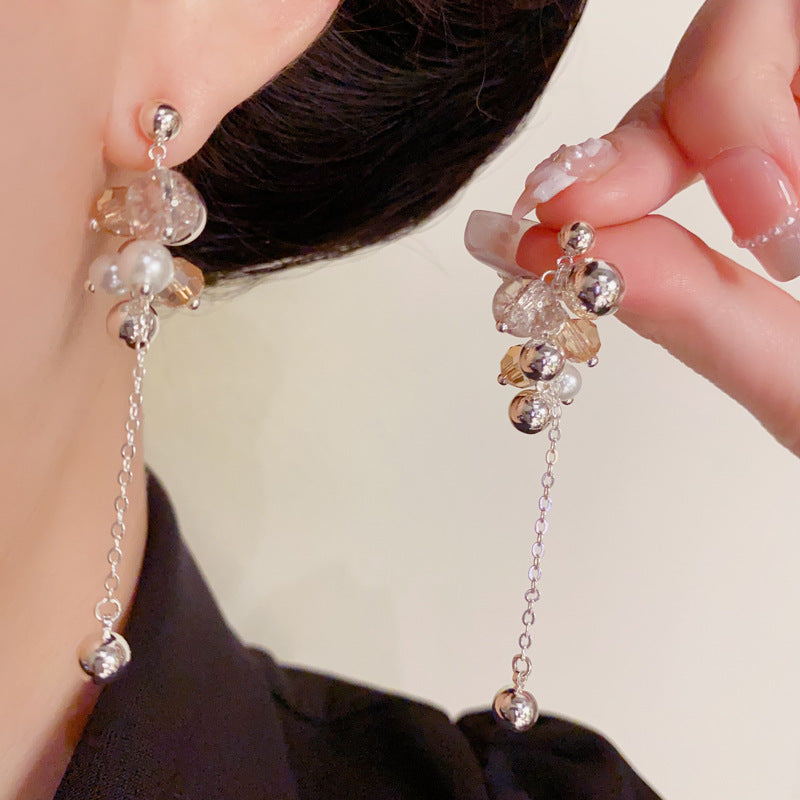 Elegant Pearl Sphere Tassel Drop Earrings – Geometric Design