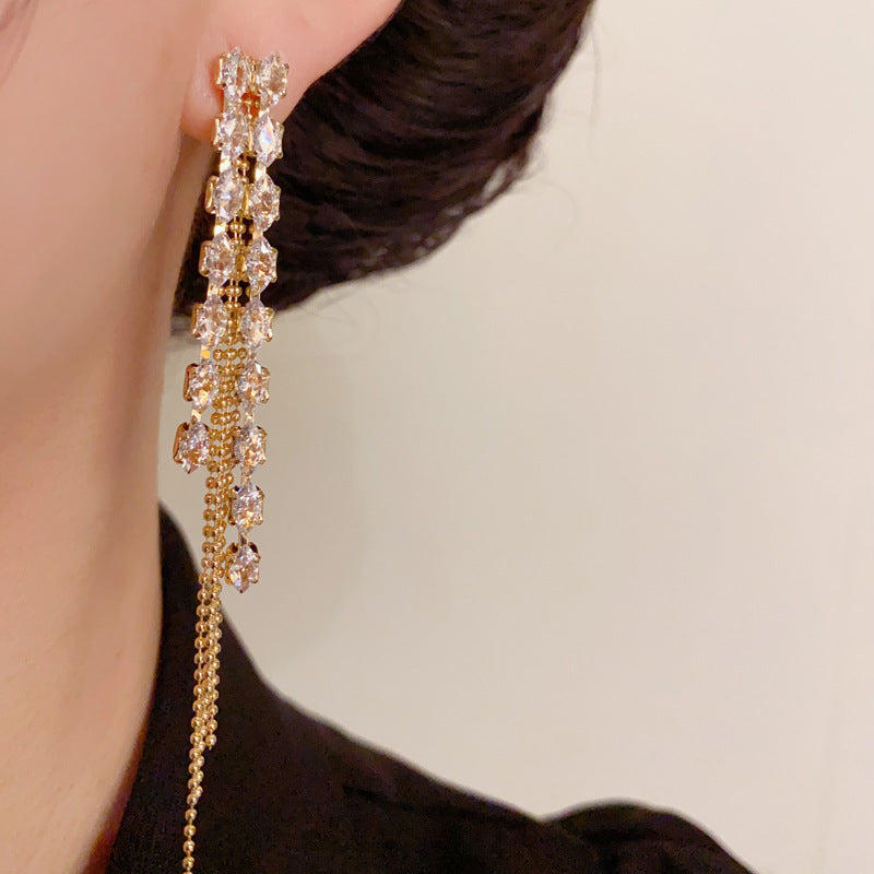 14K Gold Full Zircon Long Tassel Drop Earrings - Chic Elegance Design