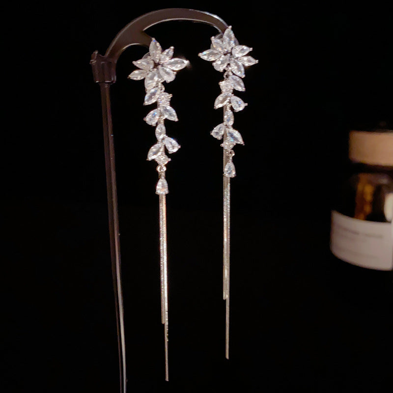 14K Gold Luxury Full-Zircon Leaf Tassel Drop Earrings – Elegant Design