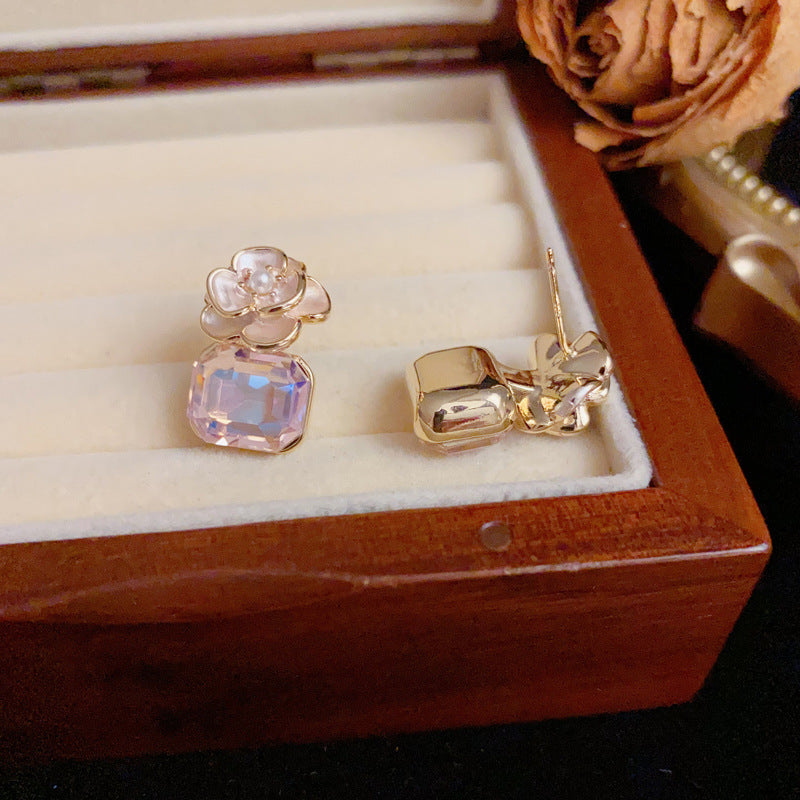 14K Gold Sweet K9 Glass Flower Drop Earrings – S925 Silver Needle