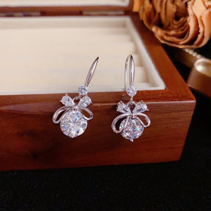 Luxury Zircon Bow Ear Hook Earrings – Silver Needle Elegant Design