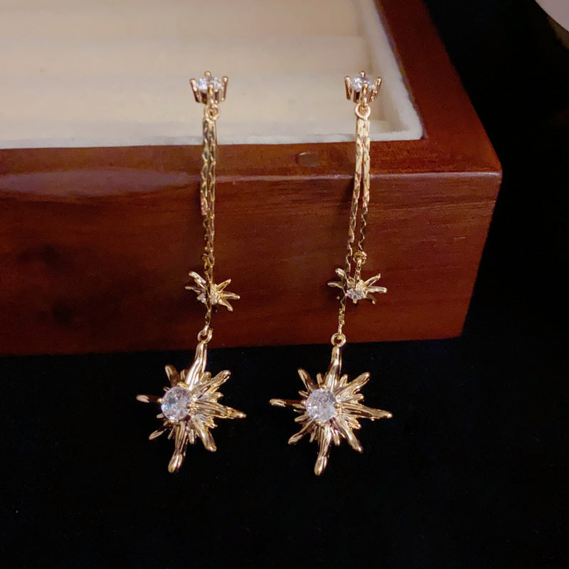 14K Gold Zircon Star Tassel Drop Earring - Chic Elegance Design