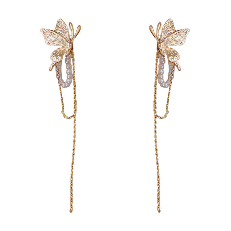 Luxury Butterfly & Pearl Chain Tassel Drop Earrings – Elegant Design