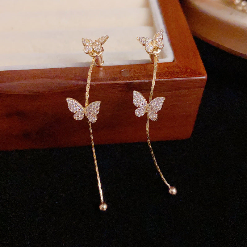 Luxury Butterfly Front-Back Tassel Drop Earrings – S925 Silver Needle