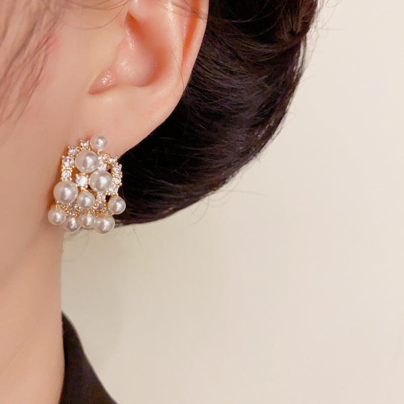 14K Gold Luxury Zircon & Pearl C-Shaped Hoop Earrings – Elegant Design