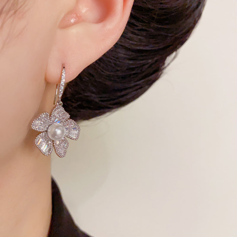 14K Gold Zircon Flower Pearl Hook Earrings – Elegant French Style