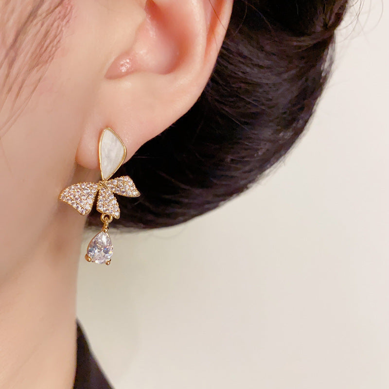 Luxury Zircon Butterfly & Droplet Drop Gold Earrings – Elegant Design