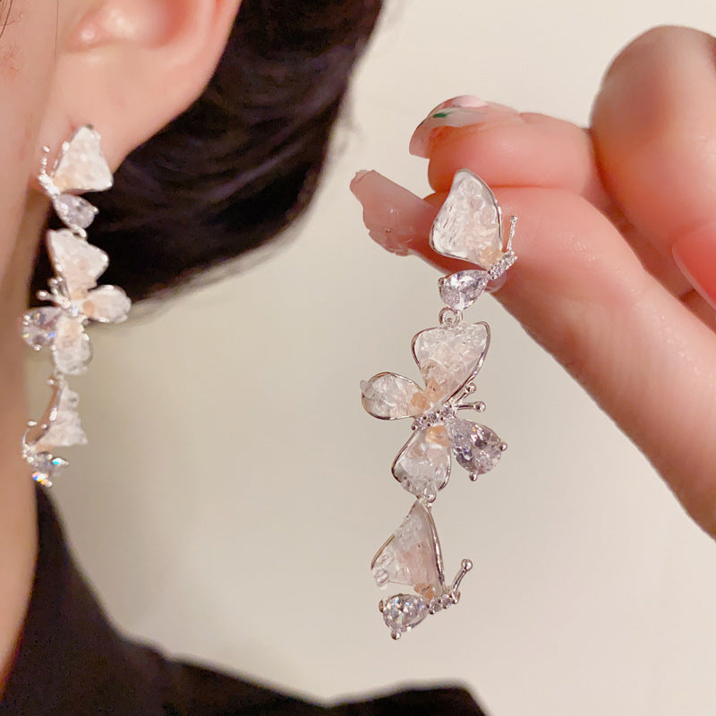 14K Gold Gradient Crystal Butterfly Tassel Earrings – Elegant Design