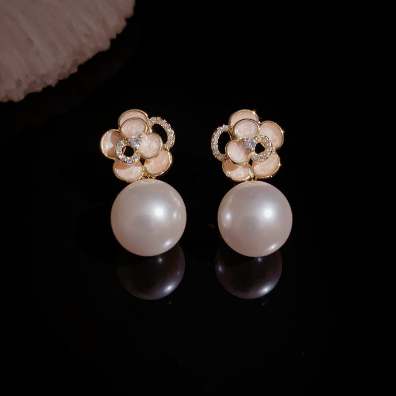 14K Gold Pink Camellia Pearl Drop Earrings – Floral Elegant Design