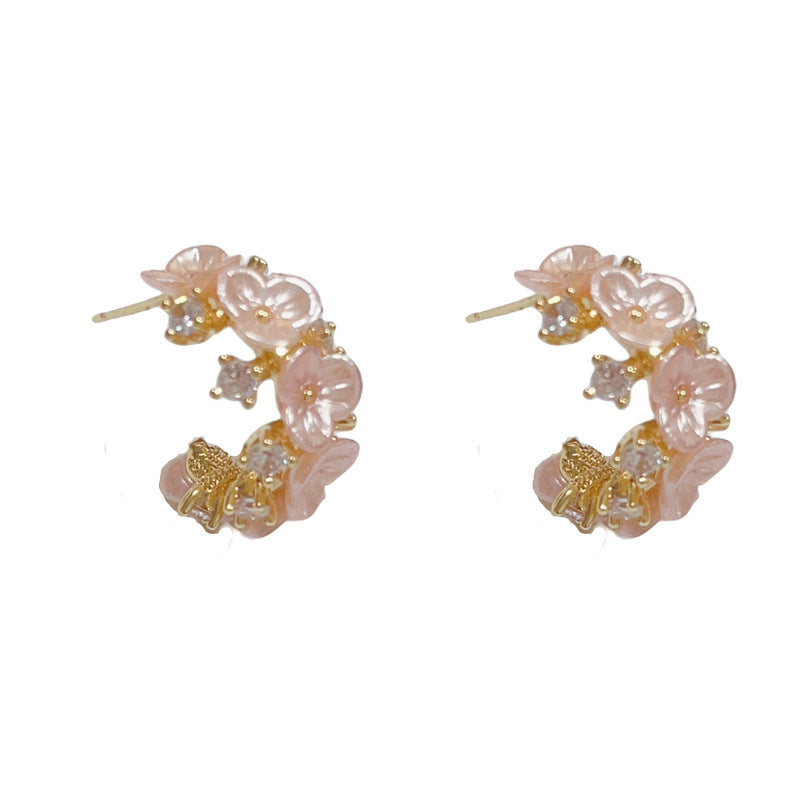 14K Gold-Plated Zircon Floral C-Shaped Hoop Earrings – Sweet Design